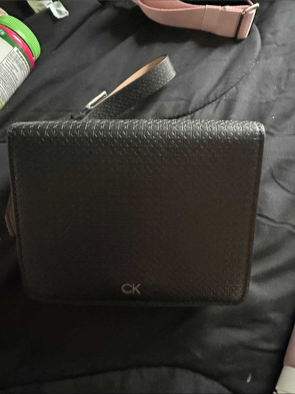 Calvin Klein Black Textured Leather Wristlet Crossbody